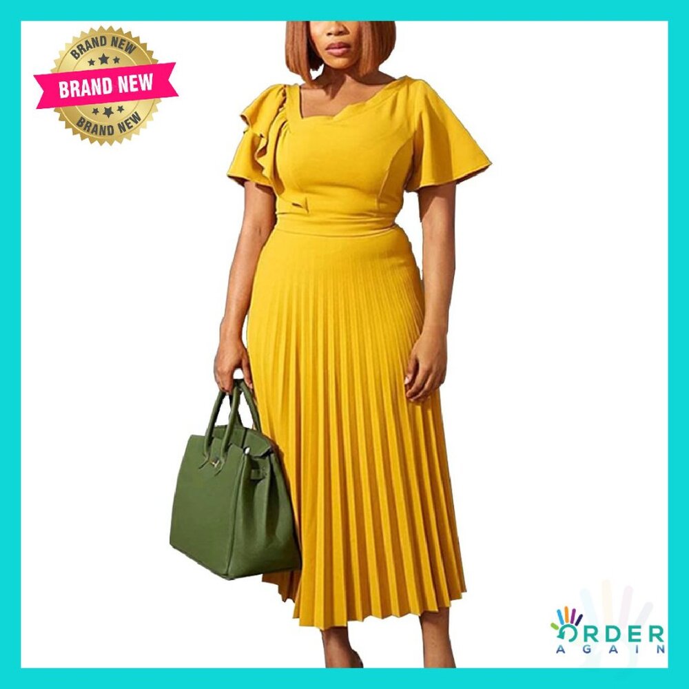 Asymmetrical Ruffles High Waist Pleated Hem Midi Dress Elegant Chic